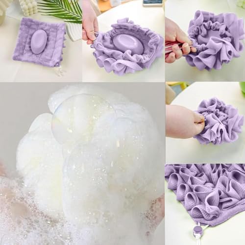 Loofah Washcloth for Bar Soap, Loofah for Bar of Soap, 2-in-1 Bath Loofah Sponge with Drawstring Shower Washcloth, Bath Sponge with Drawstring for Cleansing and Smooth Skin (2PCS Green+Coffee)