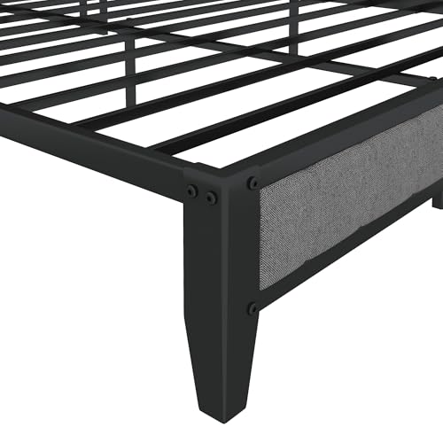 Bed Frame with Charging Station, Upholstered Headboard, Metal Platform, Grey Bed Frame