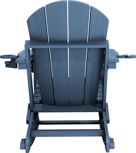 KINGYES Adirondack Rocking Chair with Retractable Ottoman and Cup Holders, HDPE Adirondack Rocker Patio Rocking Chair for Porch, Patio, Balcony, Deep Blue