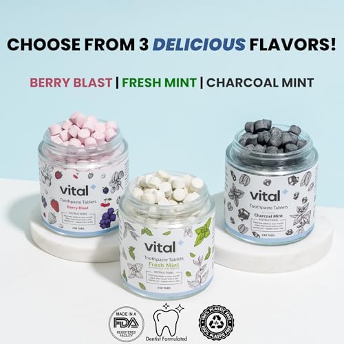 Vital Toothpaste Tabs with Nano-Hydroxyapatite | Naturally Whitens + Remineralizes Teeth | Fluoride & Plastic Free | Combats Sensitivity | Travel & Eco Friendly | Fresh Mint | 62 Tablets (1 Month)