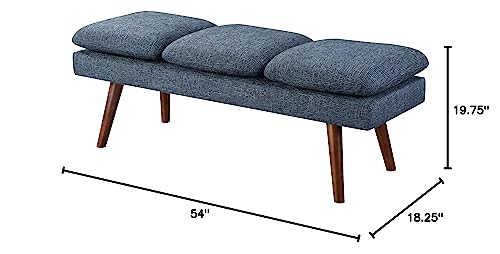 OSP Home Furnishings Amanda Mid-Century Modern Upholstered Bench with Solid Wood Tapered Legs, 54-inches, Navy Blue Fabric