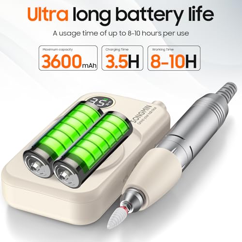 Professional Nail Drill 35000 RPM,SONGMIN Portable Cordless Efile with Bits Kit for Acrylic Nails Gel Polishing Removing,Rechargeable Electric Nail File Machine for Manicure,Pedicure Salon Home,White