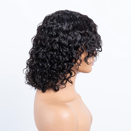 OnePart human wigs short water wave wig with bangs WWM2367M 100% brazilian virgin human hair machine made glueless for black women natural black 12inch