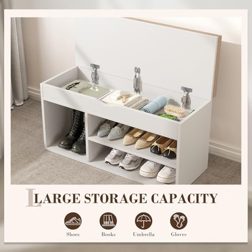 Apicizon 31 Inches Storage Bench, Shoe Bench with Flip Top Storage Space and Padded Cushion, Wooden Entryway Bench for Entryway, Living Room, 2-Tier Shoe Rack Organizer, White