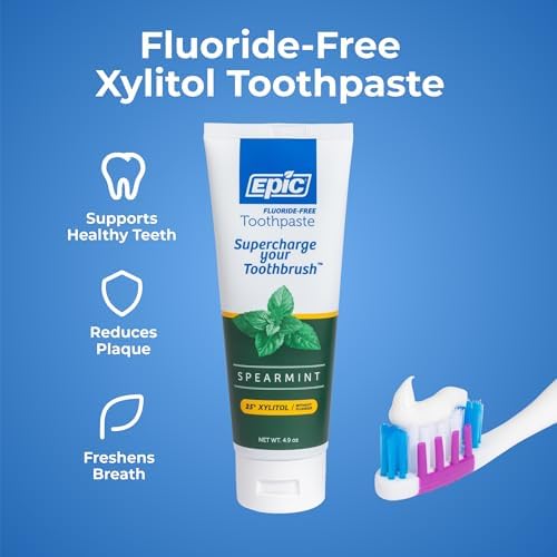 Epic Xylitol Toothpaste - Made with Xylitol for Clean Teeth & Gum Health - Fluoride Free Toothpaste Adult - SLS Free, Spearmint Flavored, 4.9oz Tube (Pack of 2)