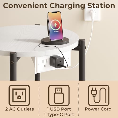 LIKIMIO Side Table with Charging Station, 2-Tier Round End Table with Lower Shelf, 15.8" W Modern Wooden Nightstand for Small Spaces, Living Room, Bedroom, White