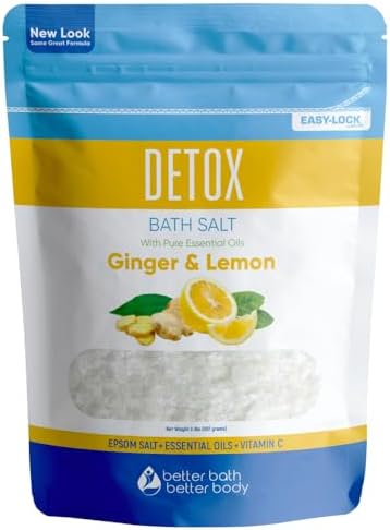 Detox Bath Salt 32 Ounces Epsom Salt with Natural Ginger and Lemon Essential Oils Plus Vitamin C in BPA Free Pouch with Easy Press-Lock Seal