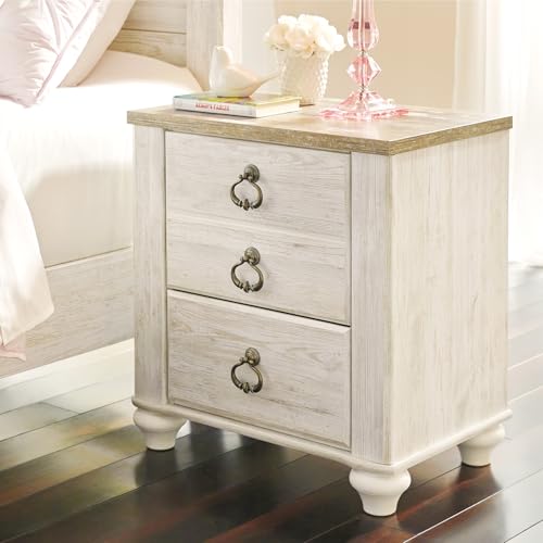 Signature Design by Ashley Willowton Farmhouse 2 Drawer Nightstand with USB Charging Ports, 25.67" Tall, Whitewash