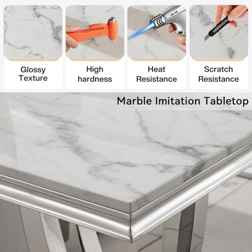 Marble End Table for Living Room, 22.8" Modern Suqare Sofa Side Table with Silver Stainless Steel U-Base, White Faux Marble Nightstand Bedside Tables Corner Tables for Bedroom, Home Office