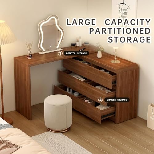 Makeup Vanity Desk with Touch Screen Mirror, 50-90 in Adjustable Sturdy Vanity Table Set with Chair, Bedroom Elegant Dressing Table for Women with 6-Drawer Rounded Corners Storage Cabinet, Brown