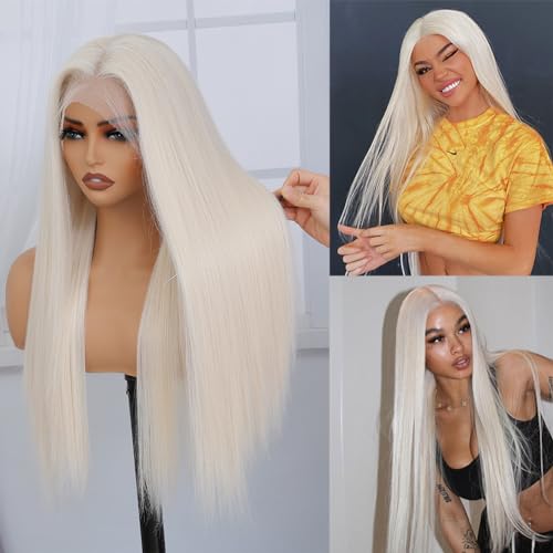 Platinum Blonde Synthetic Lace Front Wig Pre Plucked Ready to Wear 13x4 HD Glueless Straight Lace Front Wig for Women Natural Looking Synthetic Heat Resistant Fiber Platinum Blonde Wig (26 Inch)