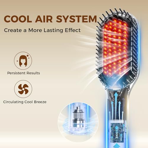 Ufree Hair Straightener Brush, 5 Temps Straightening Brush with Ionic Tech, Cool Air System, Dense Bristles, Dual Voltage, Ceramic Hot Comb for Thick Curly Hair, Women Gifts