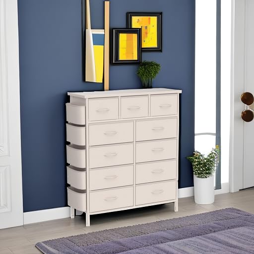 LIVEHOM 11 Drawer Fabric Storage Dresser for Bedroom Organization, Chest of Drawers with Deep Shelves, Side Pockets & Hooks, Sturdy Steel Frame & Wood Top, Baby/Kids Closet Organizer Unit