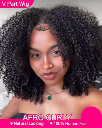 V SHOW Curly V Part Wig Human Hair Upgrade U Part Wig Human Hair Wigs for Women Glueless V Shape Wig Afro Curly Wigs No Leave Out 180% Density Natural Color 18Inch