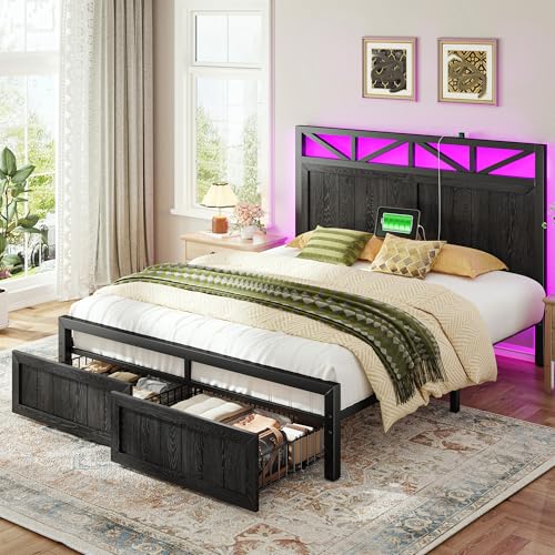 Homkdom King Size Bed Frame with 2 Storage and LED Lights, King Bed Frame and Headboard Built in Charging Station,Noise-Free,Easy Assembly, No Box Spring Needed, Black