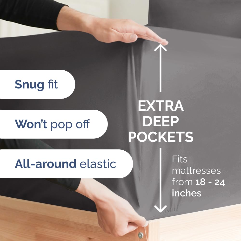 Extra Deep Queen Sheet Set - 6 Piece Breathable & Cooling Sheets - Hotel Luxury Bedding Set w/18-24 Inch Extra Deep Pockets - Easy & Secure Fit - Super Soft, Wrinkle Free and Comfy - Grey, Queen Size