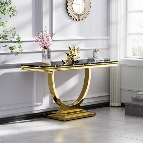 Modern Marble Console Table with Stainless Steel O-Base, 47" Luxury Gold Entryway Table for Living Room, Black Faux Marble Sofa Tables Behind The Couch Hallway Tables for Entrance