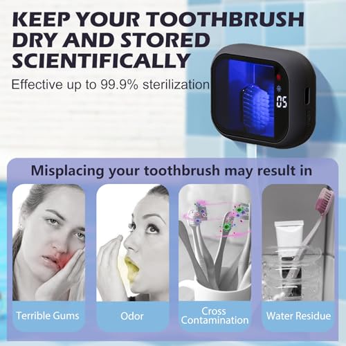UV-C Toothbrush Cleaner, Portable Travel Cover for Manual/Electric Tooth brush, Magnetic Holder and Rechargeable Case for Any Size Toothbrush, Black