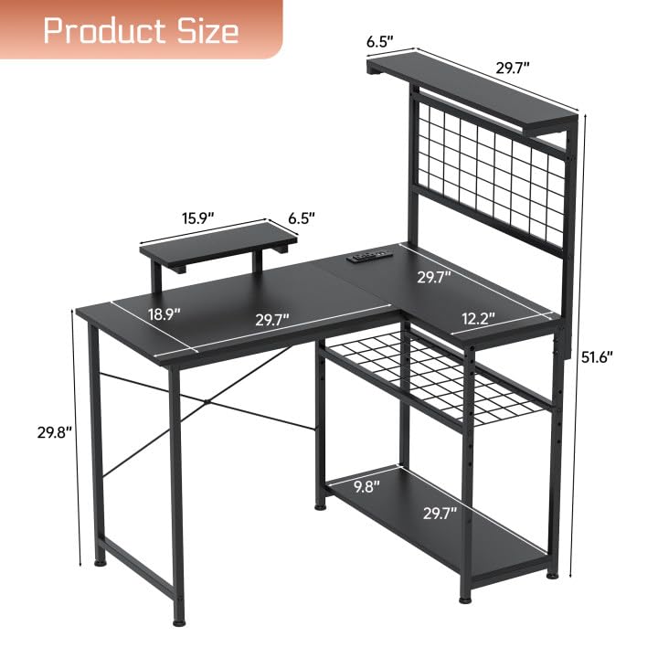 OtterOasis L Shaped Gaming Desk, Reversible Computer Desk with 4-Tier Shelves, Corner Desk with Pegboard, Home Office Desk with LED Lights & Power Outlets Gaming Desk with Storage, Black