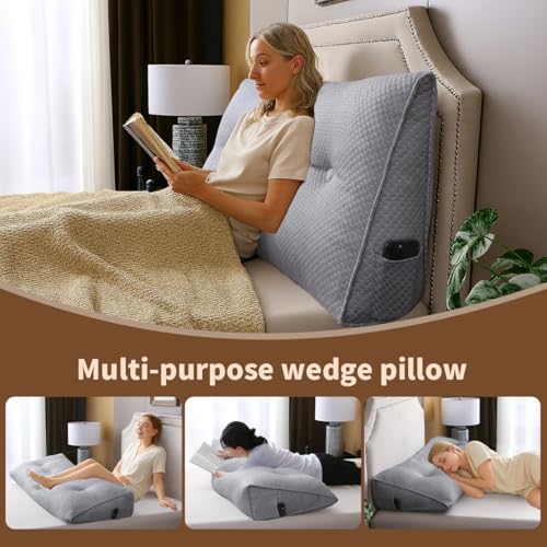 ZTVZTV Wedge Headboard Pillow for Bed, Queen Dorm Headboard Pillow Support for Sitting Up, Reading, Relaxing, Bolster Pillow with Removable Washable Cover, Gray