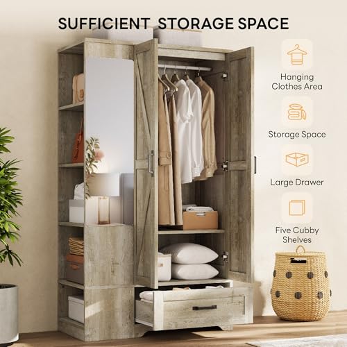 LIKIMIO Armoire Wardrobe Closet 70 Inches, Large Storage with Mirror, 2 Doors, Drawer, and Shelves, Modern Bedroom Freestanding Wooden Wardrobe Combination with Hanging Rail, Rustic Maple
