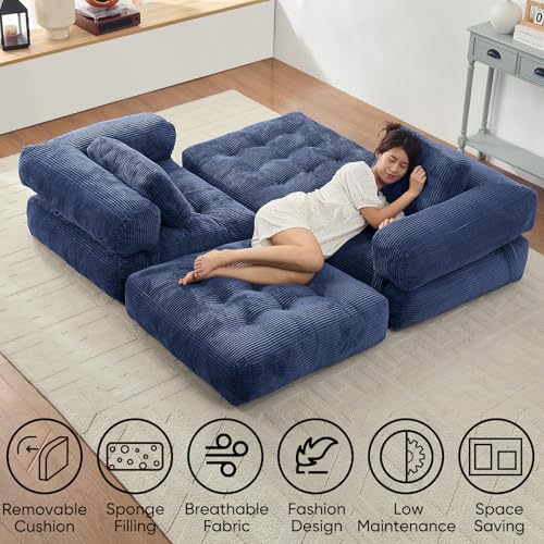 Mjkone 34" W Folding Sofa Bed, Convertible Sleeper Chair with Cushion Foldable Mattress with Armrest, Portable Fold Out Chair Comfy Floor Sofa Lounge for Living Room Bedroom Office, Navy Blue