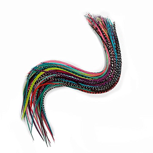 20 Real Feathers Hair Extension Kit - Assorted Colors, Long Natural Thin Feathers, 7”-13” Length, 100% Real Rooster Feathers