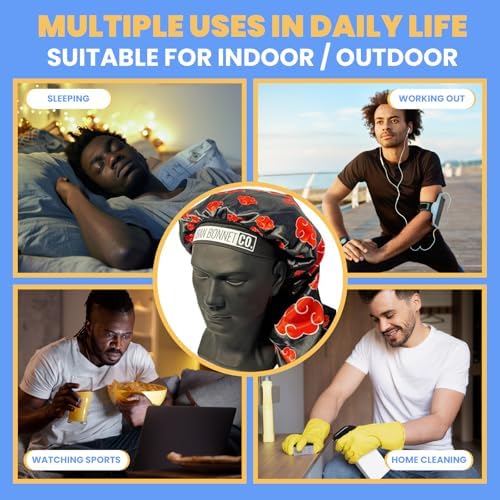 Premium Non Slip Satin Bonnet for Men Curly Hair, Dreadlock Loc Cap Silk Double Layer Sleeping & Shower Wrap Anime Soft Band