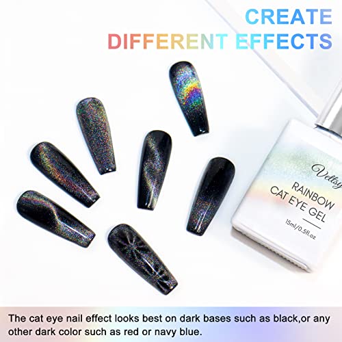Vettsy Universal Rainbow Cat Eye Gel Nail Polish, Soak off Holographic Laser Cat Eye Gel Nail Polish Galaxy Chameleon Magnetic Gel with Magnetic Stick for Salon Designs and DIY Manicure Art 15ML
