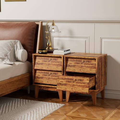Modern 2 Set Nightstands Features Vintage-Style and Bevel Design, Made of MDF, Mid Century Modern Nightstand, Night Stand for Bedroom,for Bedroom(Brown)