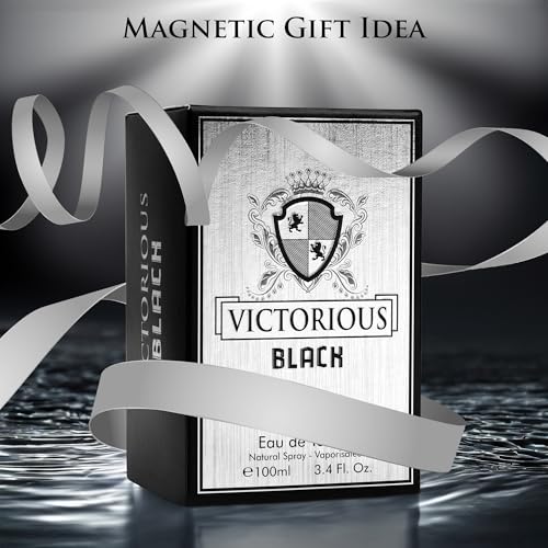 Victorious Black for Men Eau De Toilette 3.4 Fl Oz- Top Notes of Juicy Mandarin Orange & Grapefruit Blended with Sea Notes Base Notes of Ambergris, Guaiac Wood, Patchouli & Moss Elegant 100ml Bottle