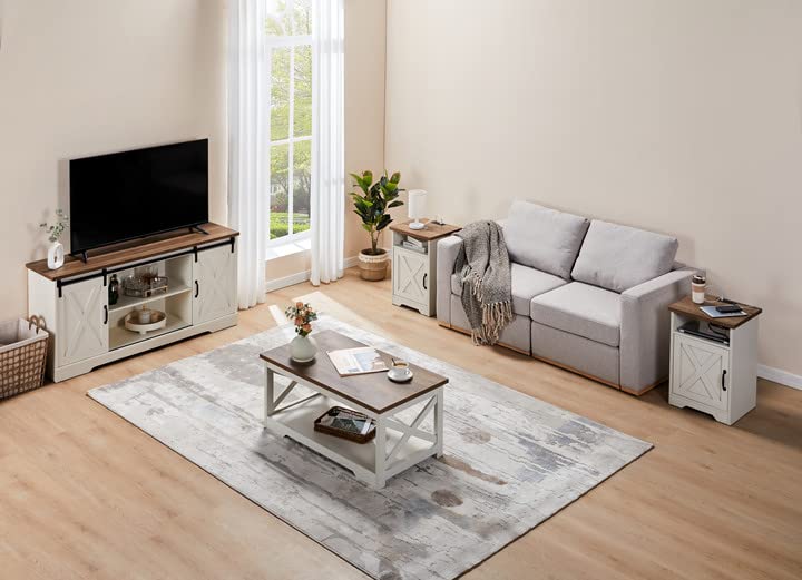 AMERLIFE 4-Piece Farmhouse Table Set Includes Sliding Barn Door TV Stand, Coffee Table& Two End Tables, Side Table with Charging Station and USB Ports, for Living Room, Distressed White, 66"