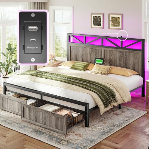 Homkdom King Bed Frame with 2 Storage Drawers and LED Lights, King Size Bed Frame and Headboard Built in Charging Station,Noise-Free,Easy Assembly, Grey