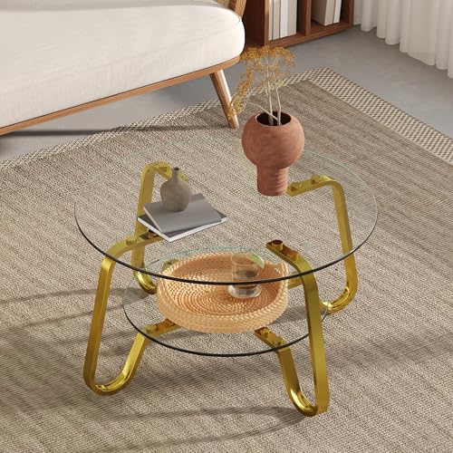 Glass Round Coffee Table with Storage, Modern 2-Tier Circle Coffee Tables for Living Room, 31.5" Gold Coffee Table with Glass Shelft and Metal Legs for Bedroom,Home Office