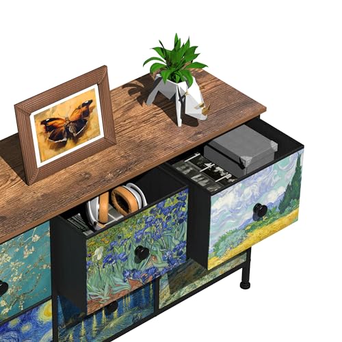EXOTICA 6 Drawer Dresser for Bedroom Van Gogh Chest of Drawers Wide TV Stands Fabric Storage Drawer Unit for Living Room Entryway Closet Sturdy Steel Frame Wood Top