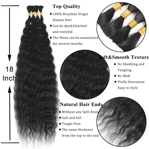 Super Wave Bulk Human Hair 100% Unprocessed Brazilian Virgin Human Hair Extensions Bundles for Braiding Hair Wet and Wave Micro Human Hair(1Pack-4PCS, 18inch Natural Black)