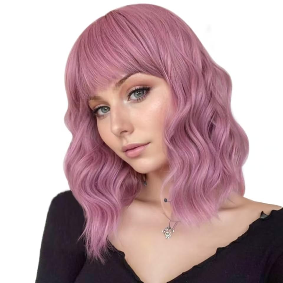 VCKOVCKO Pastel Wavy Wig With Air Bangs Women's Short Bob Purple Pink Wigs Curly Wavy Shoulder Length Pastel Synthetic Bob Wig for White Women Girls Daily Use Colorful Wigs(12", Purple Pink)
