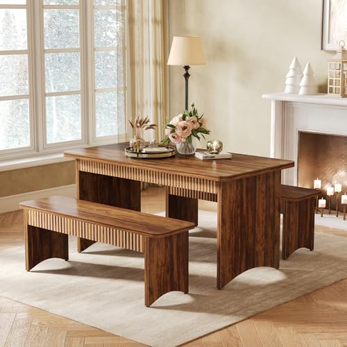LITTLE TREE 55" Dining Table with 2 Benches, Dining Table Set for 4-6 People, Farmhouse Kitchen Table with Bench, Dining Room Table Set