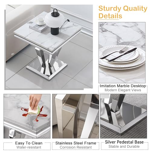 Marble End Table for Living Room, 22.8" Modern Suqare Sofa Side Table with Silver Stainless Steel Base, White Faux Marble Nightstand Bedside Table Corner Table for Bedroom, Home Office