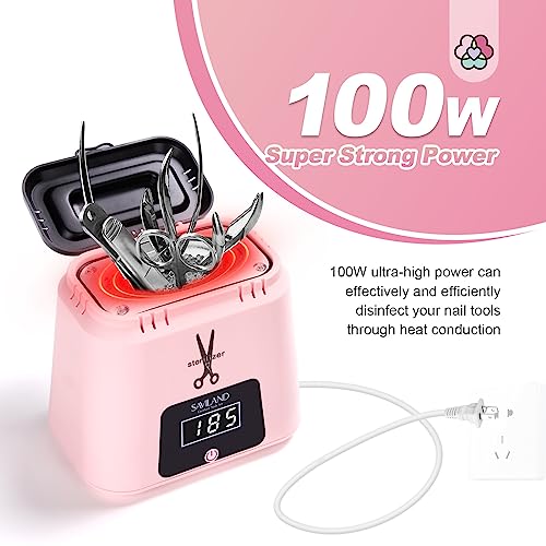SAVILAND Nail Tool Sterilizer Electric: High-Temperature 365℉ Sterilizer for Nail Tools Portable Pink Nail Sterilizer with Glass Beads to Sterilize Any Metal Tools Salon & Esthetician Supplies