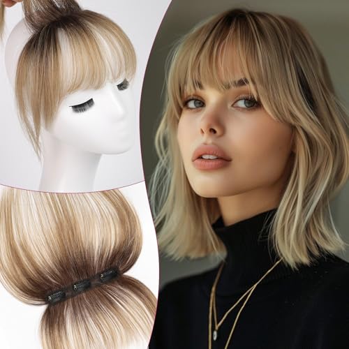 EMMOR Clip in Bangs, 100% Human Hair Bangs with 3 Non-slip Clips, 360°Cover Top HairPieces with 5 inch Wispy Fringes for enhancing Women's Facial Features(Ombre Ash Blonde)