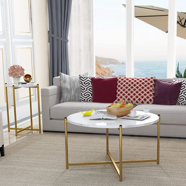 Lamerge Coffee Table Set of 3,Modern Faux Marble Top with Golden Frame,1 Coffee Table & 2 Accent Table, Living Room Table Set, for Apartment,Office and So on,White & Gold (LCTR-W)