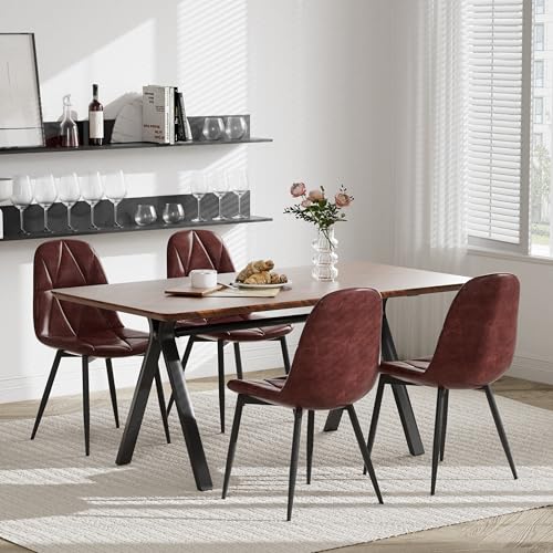 RGZ 63" Modern Rectangular Dining Table Set for 4, 5-PCS Rustic Walnut Kitchen Table & 4 Brown Upholstered Faux Leather Chairs, Mid Century Wood Dinner Table for Dining Room, Home, Living Room