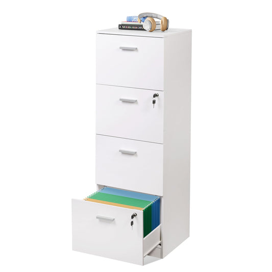 DEVAISE 4 Drawer File Cabinet with Lock, Vertical Filing Cabinet for A4/Letter Size Files, Wood Storage Organizer for Home Office, White