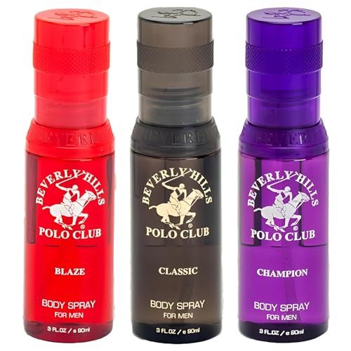 Beverly Hills Polo Club Men's Body Spray Collection Gift Set Featuring Luxury Designer Cologne Scents for Long Lasting Freshness BHPC 3 oz 3 Count (Gold)