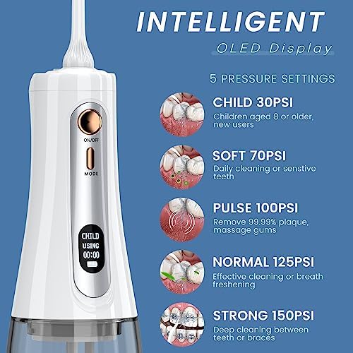 Water Flosser,350ML Water Dental Flosser for Teeth Clean, 5 Modes 6 Jet Tips, LCD Display Cordless Water Flosser, Rechargeable Travel Electric Water Flossers IPX7 Waterproof for Teeth Cleaning