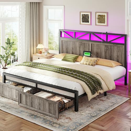Homkdom King Bed Frame with 2 Storage Drawers and LED Lights, King Size Bed Frame and Headboard Built in Charging Station,Noise-Free,Easy Assembly, Grey