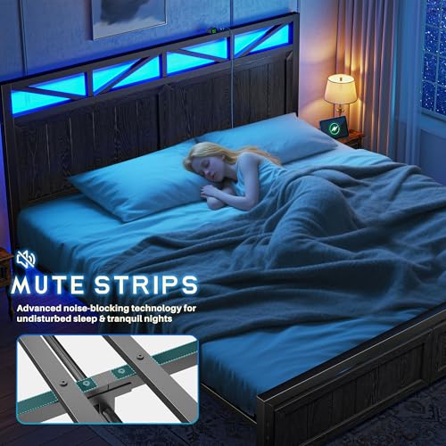 Homkdom King Size Bed Frame with 2 Storage and LED Lights, King Bed Frame and Headboard Built in Charging Station,Noise-Free,Easy Assembly, No Box Spring Needed, Black