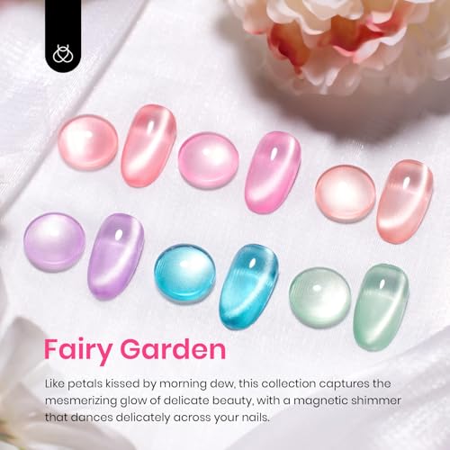Beetles Cat Eye Gel Nail Polish Set, 6 Colors Pastel Shimmer Glitter Gel Polish Kit Soak Off LED UV Curing Requires Pink Red Blue Orange Green Purple Velvet Gel with Magnet Gift for Women