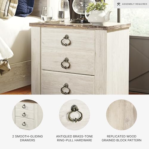 Signature Design by Ashley Willowton Farmhouse 2 Drawer Nightstand with USB Charging Ports, 25.67" Tall, Whitewash